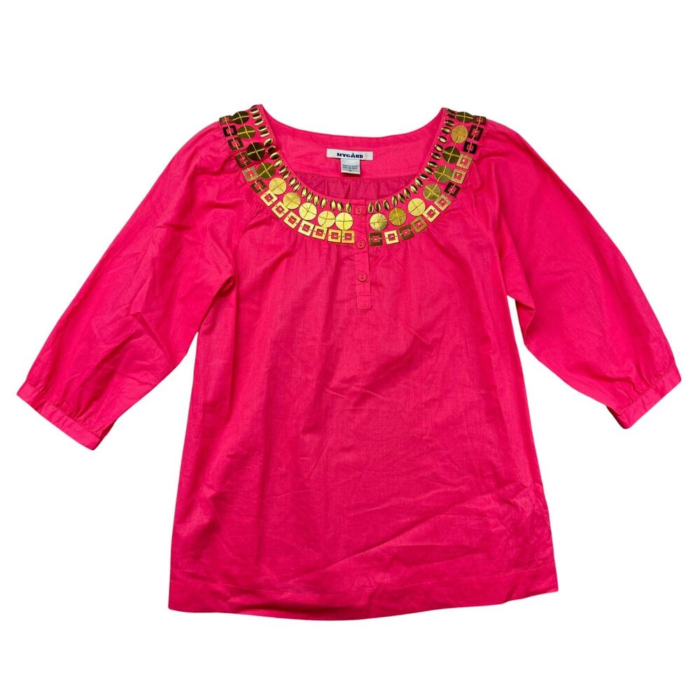 Nygard Top Women's 6 Pink Long Sleeve Button Front Gold Boho Beaded Tunic Shirt
